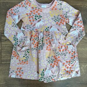 Hanna Andersson Pink Floral & Unicorn Print Long Sleeve Dress with Pockets